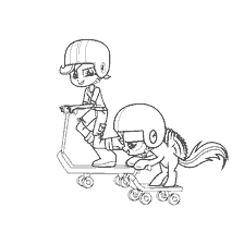 Meisje en pony Scutala op scooters
