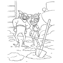 Lewis and Grandpa with a shovel, Grandpa lost false teeth