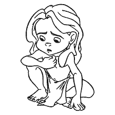 coloring page: Tarzan coloring. Tarzan sits on his knees, with a sad expression on his face.