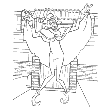 An evil character with a cauldron and a cloak stands in the background of the street.