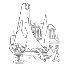 Coloring with the image of the volcano and characters from the cartoon Visit the Robinsons