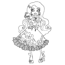 página para colorir: Colorir Draculaura com um crânio na mão e um vestido com crânios