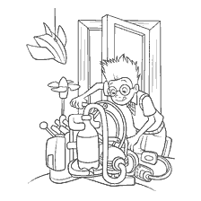 The boy with glasses develops a device from various objects.