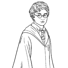 coloriage: Harry Potter en robes et lunettes, prêt pour l'aventure