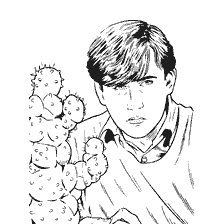 coloriage: Neville Longpoops de Harry Potter à côté des cactus