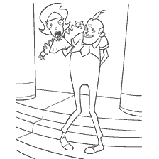 A ventriloquist with a doll in the background of the stairs