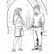 coloriage: Harry Potter et Halfun Lovegood tiennent la main à Hogwarts