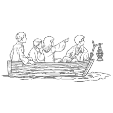 coloriage: Enfants dans un bateau avec une lanterne sur le livre de coloriage Harry Potter