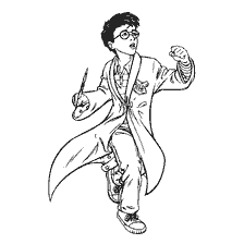 coloriage: Colorer Harry Potter dans une robe avec une baguette magique