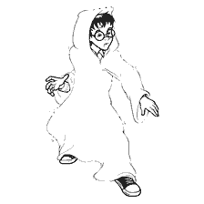coloriage: Le garçon avec des lunettes dans le manteau d'invisibilité