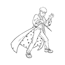 coloriage: Ron Weasley avec une baguette magique, habillé d'un manteau avec des étoiles