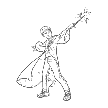 coloriage: Harry Potter, un magicien avec une baguette se préparant à un sort
