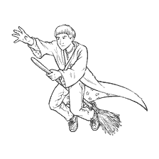 coloriage: Dessin de Ron Weasley volant sur un balai dans une robe avec étoiles