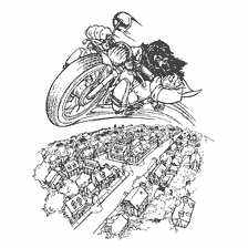 coloriage: Hagrid à moto sur le village