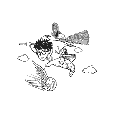 coloriage: Harry Potter vole sur un balai pendant le jeu Quidditch