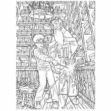 coloriage: Harry Potter dans un magasin de baguette magique avec Olivander