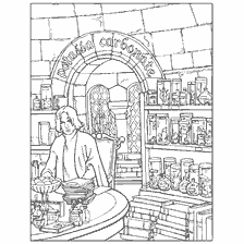 coloriage: Harry Potter Coloration: Severus Sneg dans le laboratoire avec potions et livres