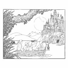 coloriage: Les enfants nagent à l'école de magie de Hogwarts en bateau