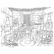 coloriage: Harry Potter dans son pyjama tente un manteau invisible dans une pièce avec des poitrines et des objets magiques