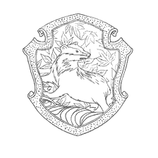 coloriage: Dessin de l'emblème de la Faculté Puffendui de Harry Potter avec une photo de tout ce qui est lié à cette faculté