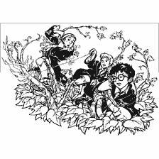 coloriage: Harry Potter et ses amis essaient de se débarrasser des plantes.