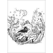 coloriage: Harry Potter sur un centaure dans la forêt magique