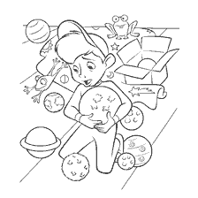 A boy holds the planet among toys and frogs