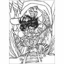 coloriage: Harry Potter, Ron et Hermione sur un chariot dans une banque