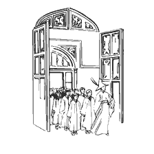 coloriage: Un groupe d'étudiants de Hogwart entre dans une salle avec portes ouvertes