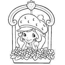 Zeichnung von Charlotte Erdbeere in einem Fenster mit Blumen