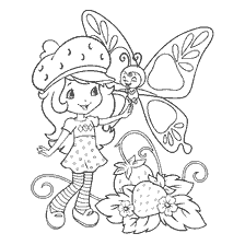 Malen mit dem Charakter Charlotte Strawberry und einem Schmetterling auf dem Hintergrund von Erdbeeren