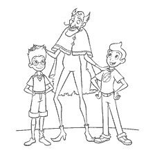 Lewis and Wilbur with a character in an exhibition from the movie Visiting the Robinsons