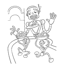 Robots serving a table in the future from the cartoon “Visiting the Robinsons”