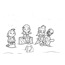 Picture for coloring with the characters of Jake and the pirates of Neverland: Cubby, Izzy, Jake and Scully