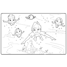 Coloring with Peter Pan and his friends flying over Neverland