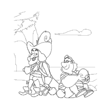 Captain Hook and Mr. Smee walk down the beach with apples