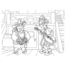 Two pirate musicians with an accordion and a guitar on the background of the ship