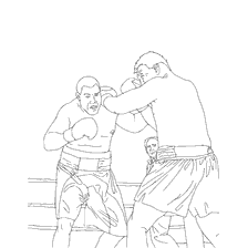 coloring page: Two boxers in ring fight with judges in background