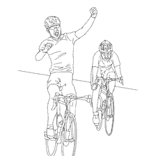 coloring page: Two cyclists in competition, one of them happy to win