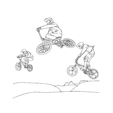 coloring page: Painted cyclists perform stunts in freestyle