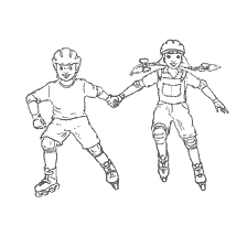 coloring page: Two kids on rollers, holding hands, having fun