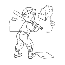 coloring page: Boy with baseball bat prepares to hit baseball field
