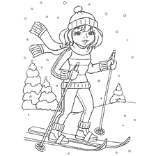 coloring page: Girl skiing in the winter forest