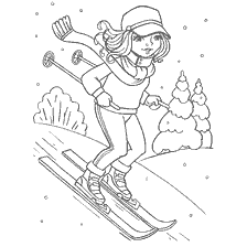 coloring page: Girl on skis in winter landscape