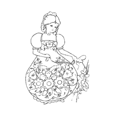 Een meisje in een volksjurk met bloemen in haar handen