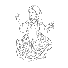 Tekening van een meisje in een elegante jurk met een patroon van Ural schilderij
