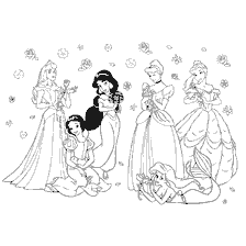 Kleurplaat van Disney prinsessen omgeven door bloemen