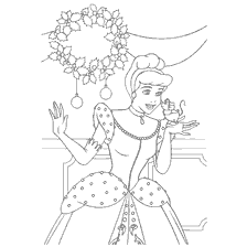 coloriage: Coloriage Cendrillon, fête du Nouvel An, avec une décoration sous forme de couronne et un petit ami sur sa main