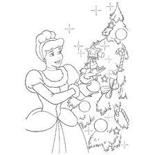 coloriage: Coloriage Cendrillon décorant l'arbre du Nouvel An avec des jouets et des bonbons