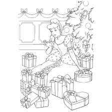coloriage: Disney Princesse parmi les cadeaux du Nouvel An sous l'arbre de Noël